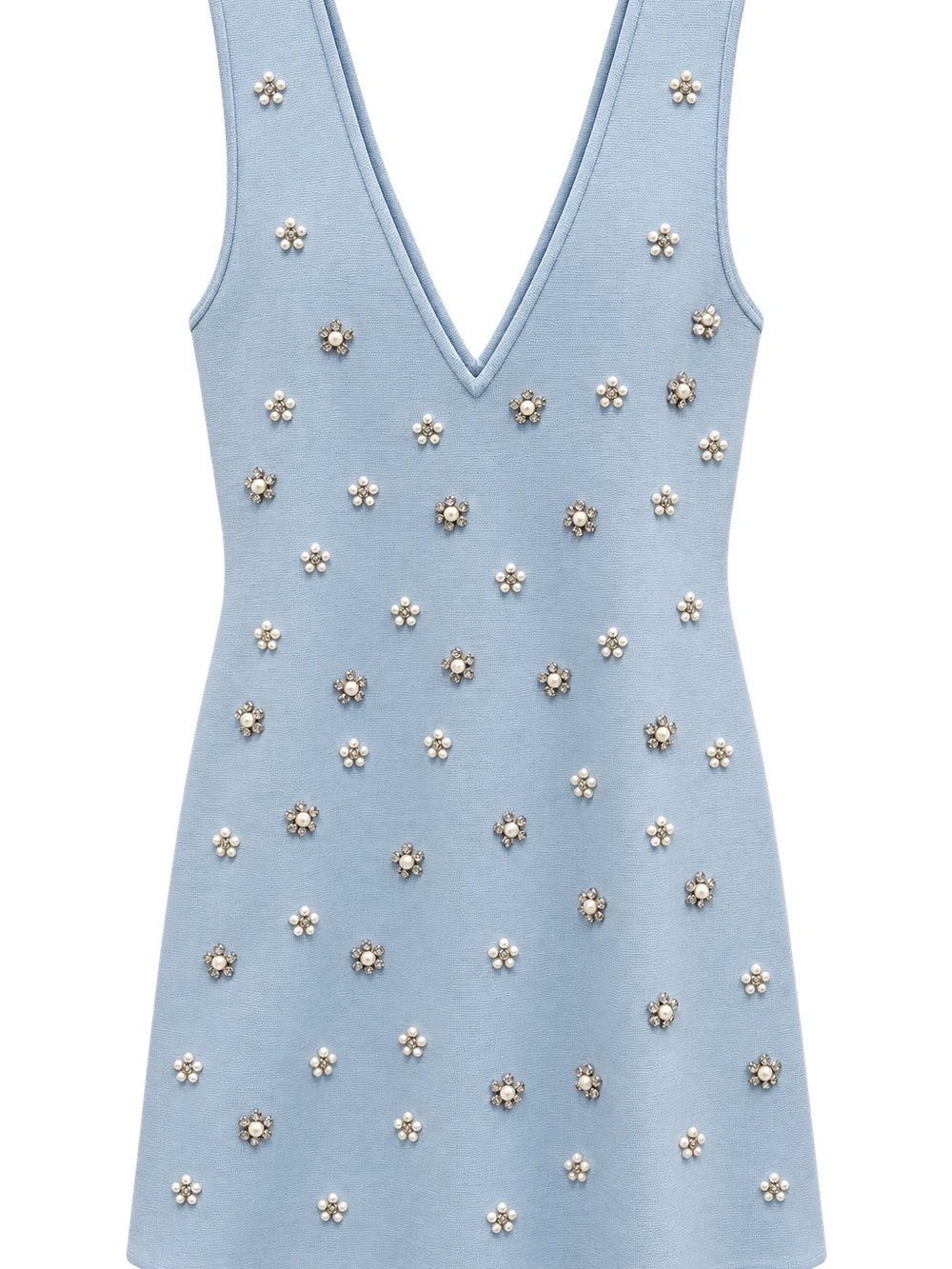 Zara Powder Blue V‑Neck Slip Dress with Pearl Flower Embellishments